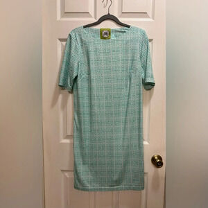Elizabeth McKay Teal White Print Shift Dress Knee Length Size Small